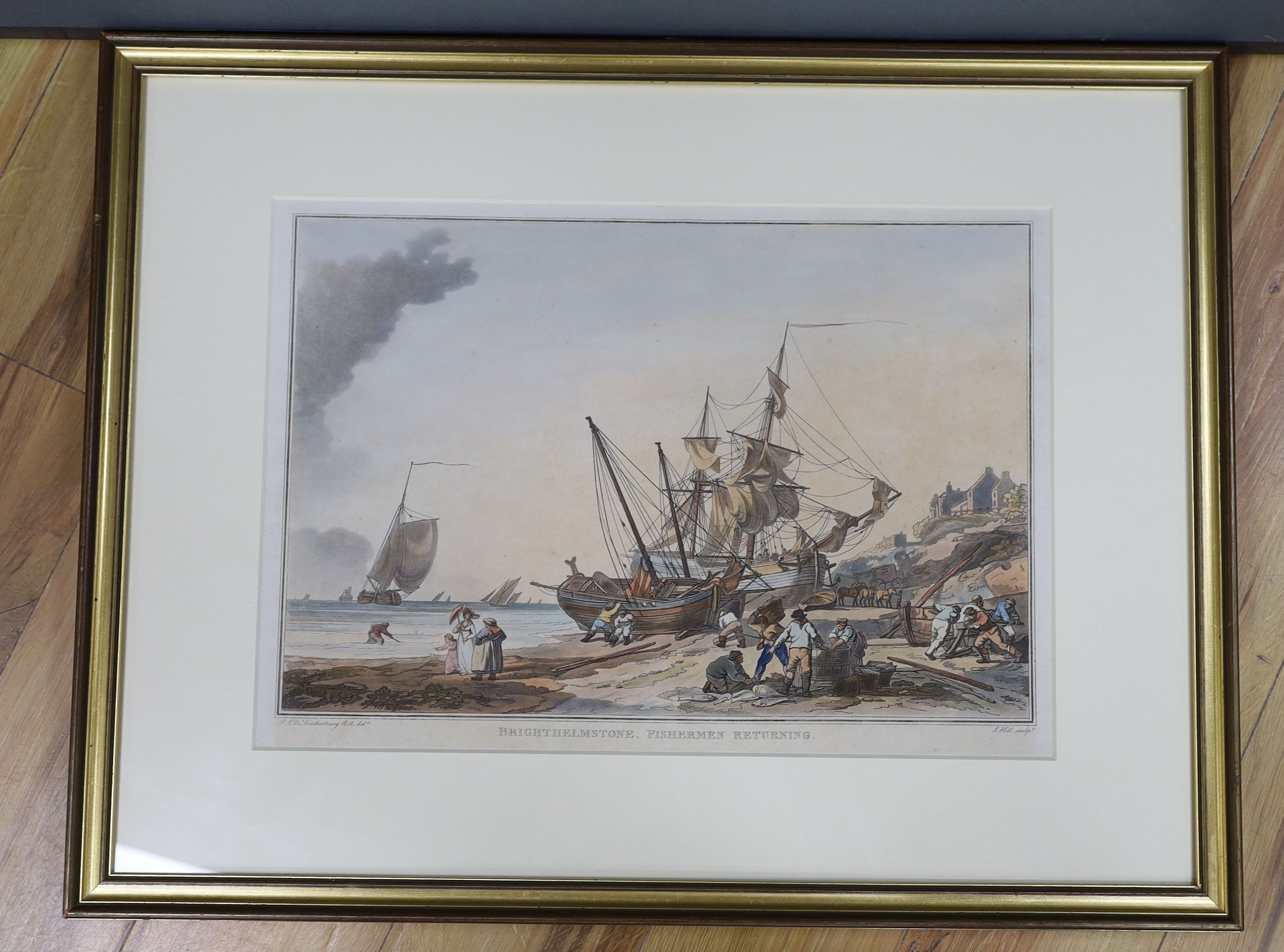 After Philippe-Jacques de Loutherbourg, colour print, 'Brighthelmstone, Fishermen returning', 37 x 54cm